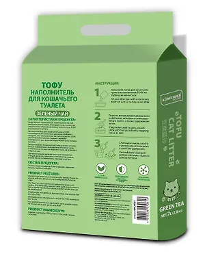 KINGFISHER®️ НАПОЛНИТЕЛЬ ДЛЯ КОШАЧЬИХ ТУАЛЕТОВ ТОФУ (TOFU) "GREEN TEA", с ароматом зелёного чая, пакет 2,8 кг (7 литров)
