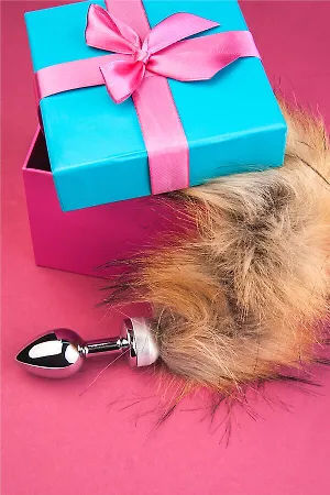 Анальная втулка Metal by TOYFA, металл, серебряная, с большим рыжим хвостом, 37 см, ? 2,9 см, 195 г