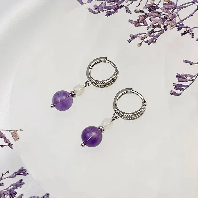 Радуга Самоцветов Серьги двойные из Аметиста и Лунного камня