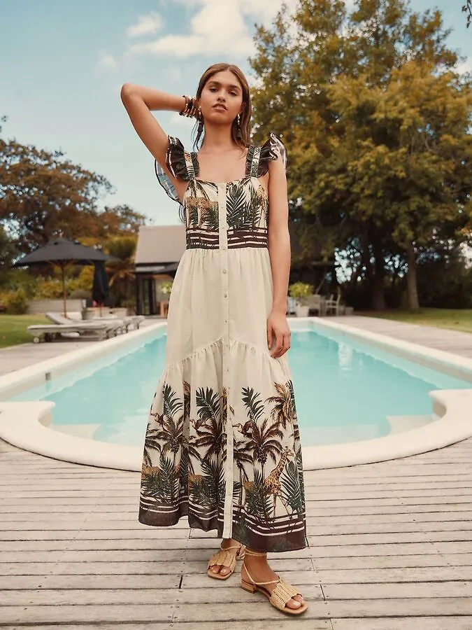 NEXT. Платье макси в стиле бохо с принтом пальм экрю/кремового цвета и рукавами-крылышками, многоярусное, с завязками на спине