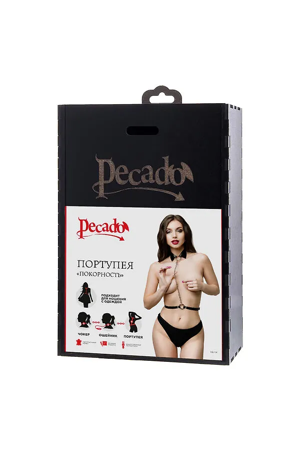 "Андрей" Портупея-чокер-ошейник Pecado BDSM, с поводком и карабином в виде кольца, натуральная кожа, чёрная